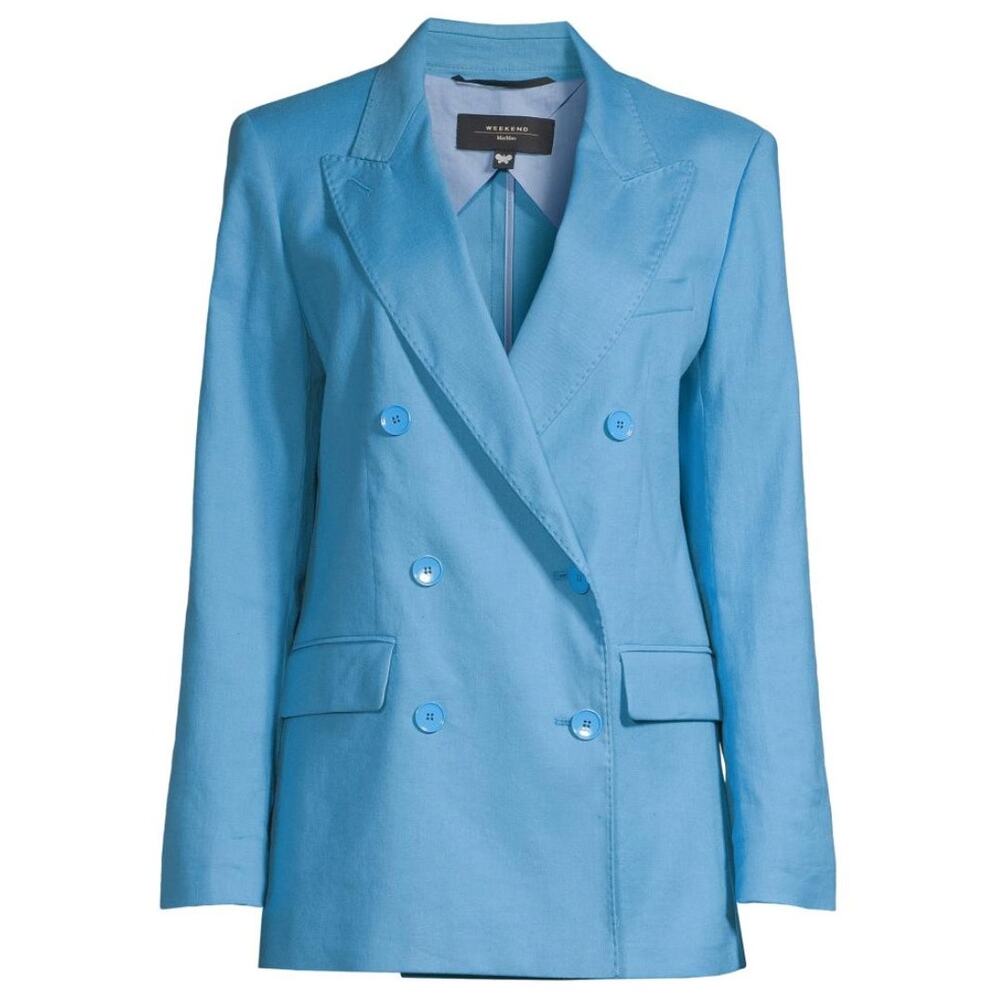 Weekend Max Mara Yarden Linen Blend Blazer Jacket Double Breasted Blue US 2 NWT
